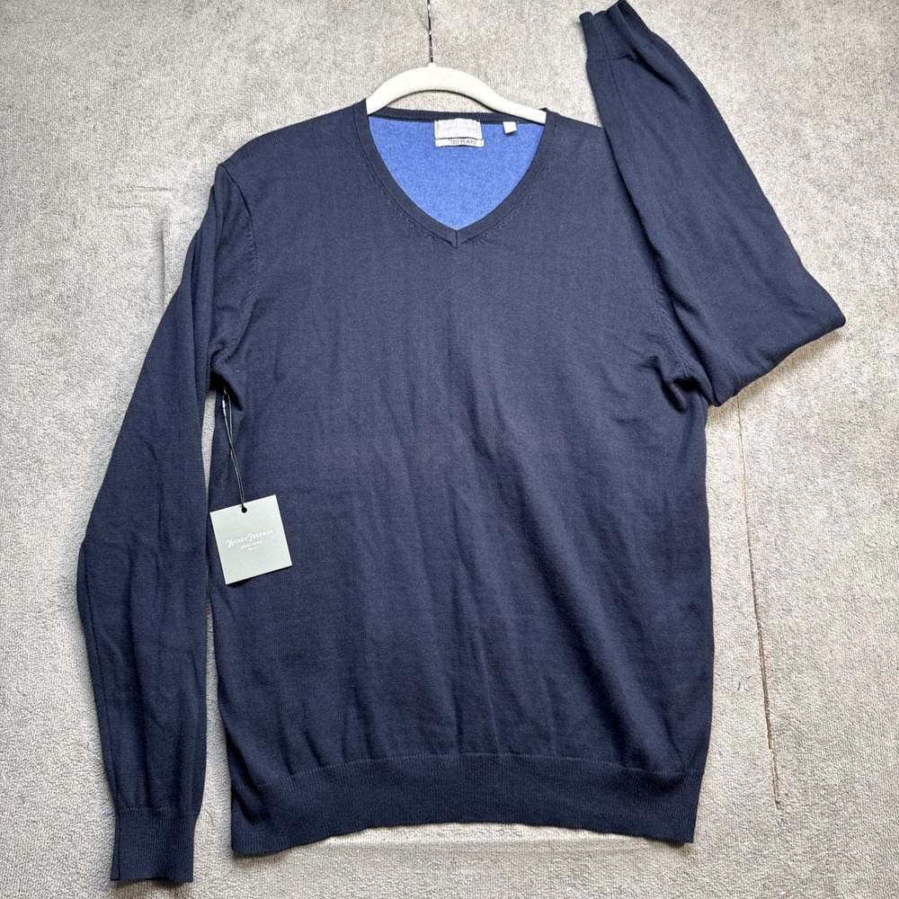 Hickey Freeman Men's Navy Blue Cashmere V-Neck Sweater Medium Luxury Knit